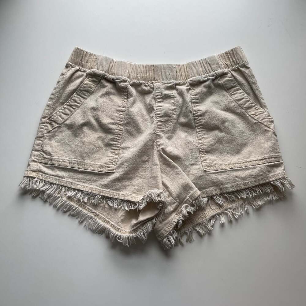 Women High Waist Shorts Soft Elastic Waist Fringe Details Cotton/Linen Blend